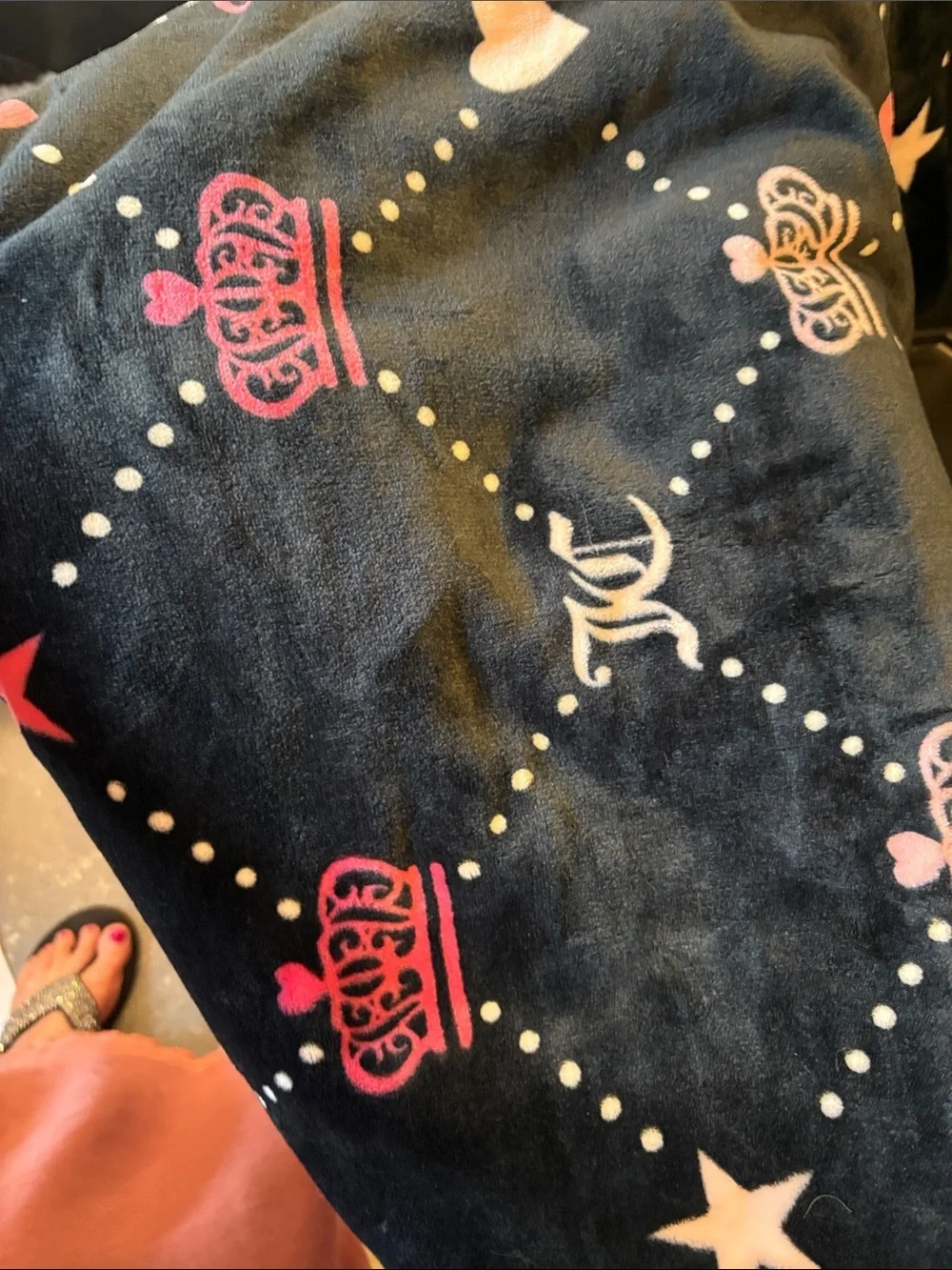 Juicy Couture Black Plush Throw with Pink Crowns and White Stars